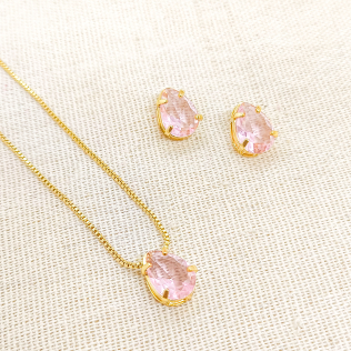 Conjunto gota zircônia rosa chá