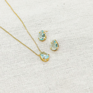 Conjunto banho ouro Zircônia Gota Acqua Marine 