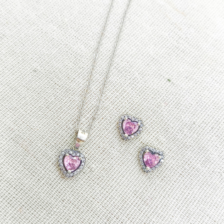 Conjunto prata rodinado coração  rosa chá 